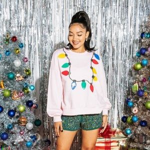 NWOT SOLD OUT Queen of Sparkles Light Pink Christmas Light Necklace Sweatshirt S